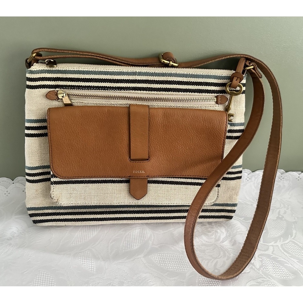 Fossil Womens Striped Fabric Brown Leather Trim Crossbody Shoulder Bag